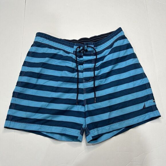 NAUTICA Men’s Swim Suit Trunk LARGE Blue Stripe Sail Logo On Leg - Picture 1 of 7